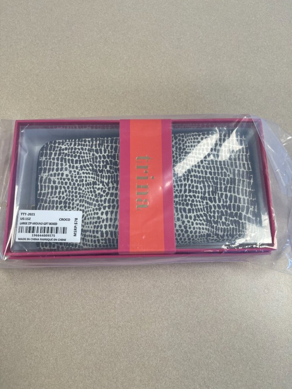Trina Turk Croc Embossed Black and White Zip-Around Wallet - NWT